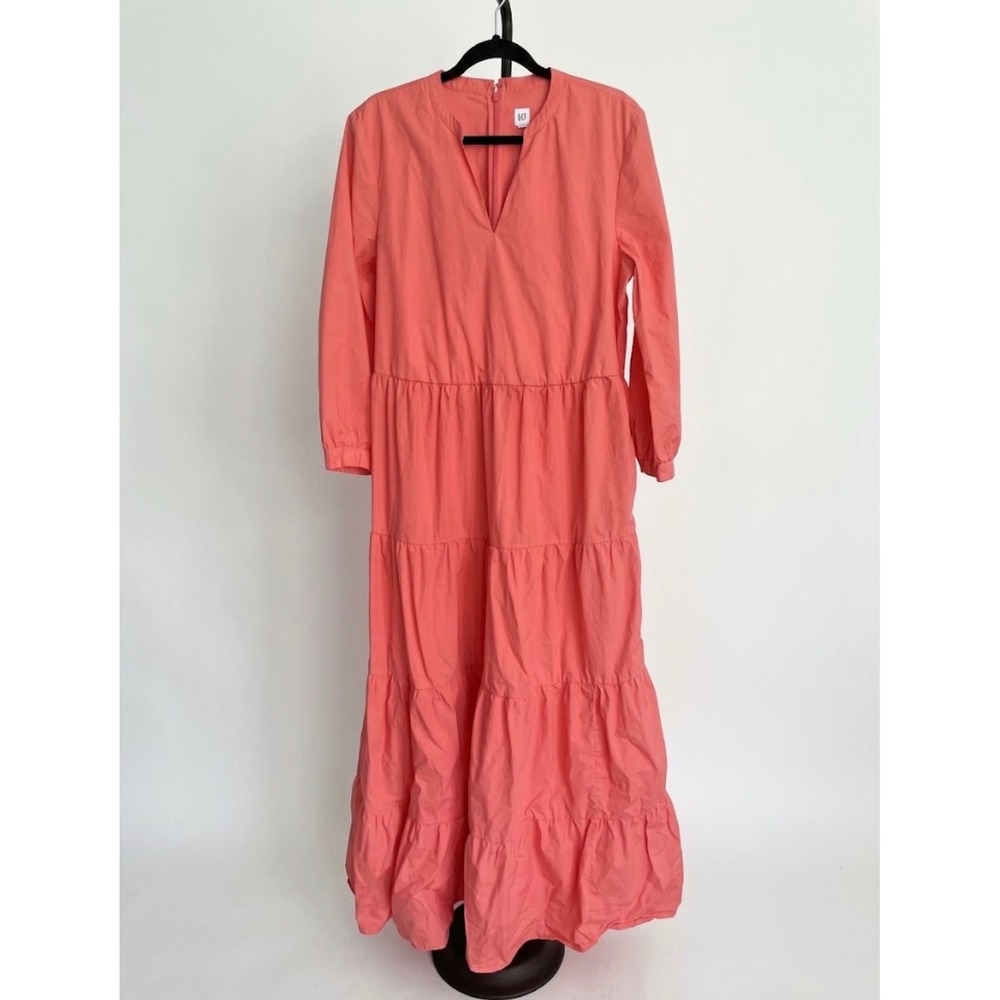 GAP Women L Tall Coral Pink Reef Tiered Maxi Dress V-Neck Cotton Long Sleeve